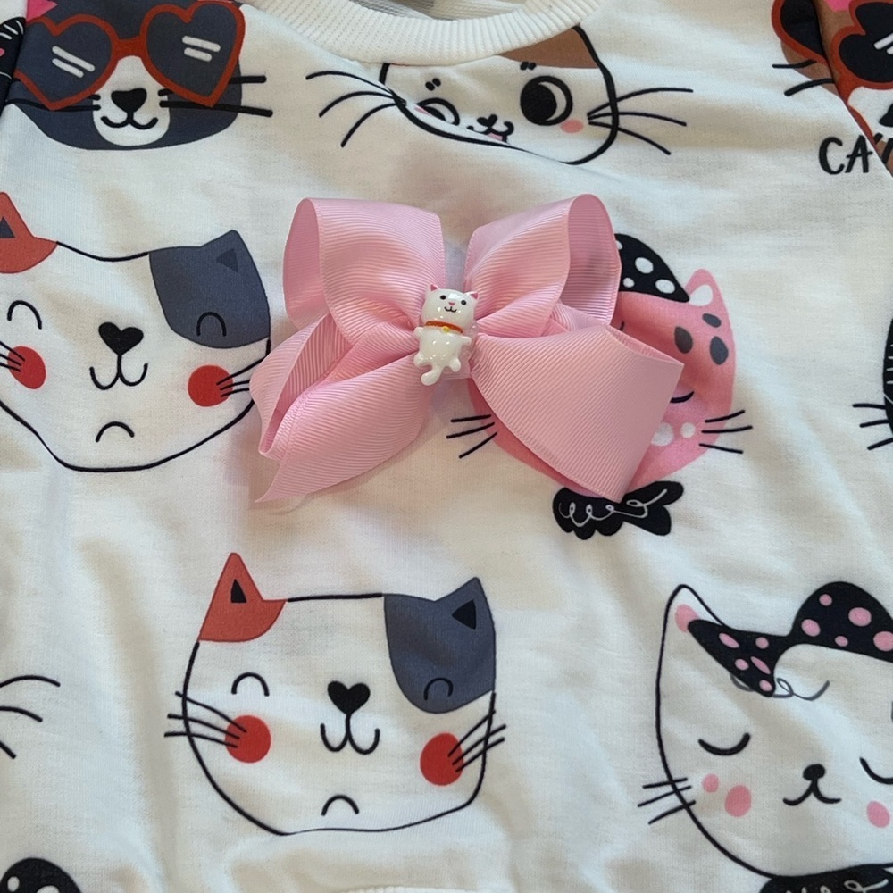 Girls Kitty Cat top shirt pullover crew neck with matching hair bows. - Picture 7 of 17